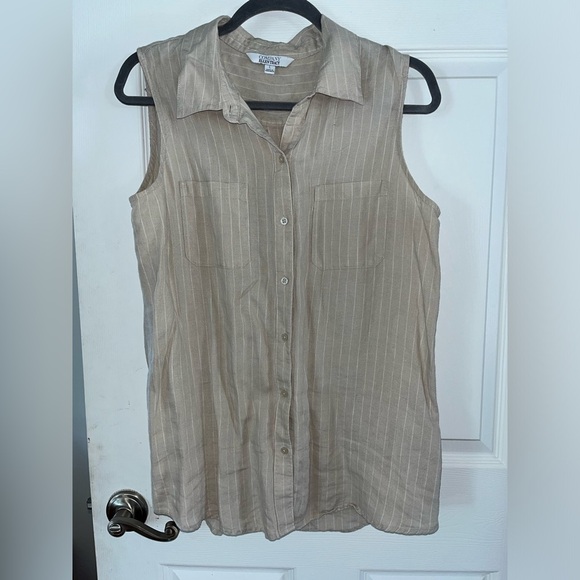 Ellen Tracy Beige Striped Button Down Sleeveless Top Large - Picture 1 of 3